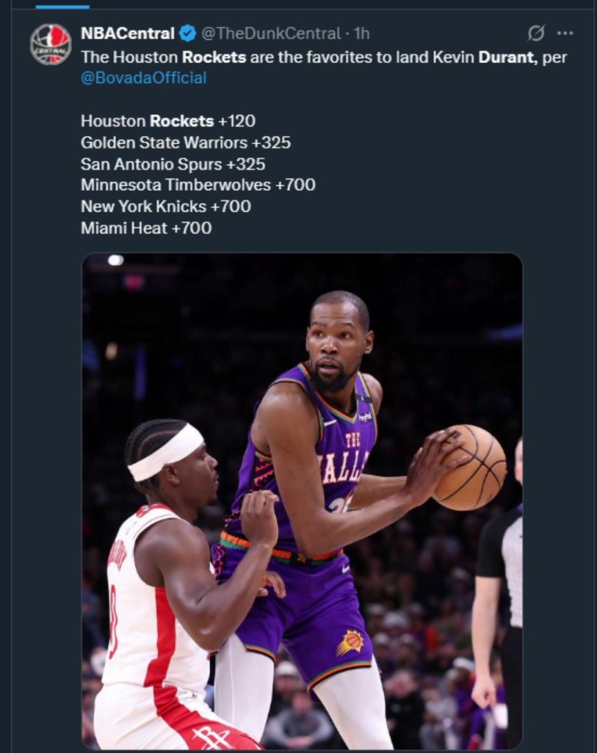 難道說？美媒曬杜蘭特下家賠率，火箭大幅度領跑！